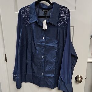 Ashley Stewart Blue Stud-Embellished Denim-Look Button Shirt